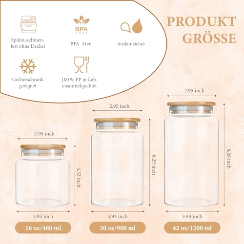 INCETUE Vorratsdosen Glas mit Deckel, 480ML Vorratsgläser mit Luftdicht Bambusdeckel, Deko Küche Glasbehälter für Müsli, Pasta, Nudeln, Mehl, Kaffeebohnen, Overnight Oats - Klein