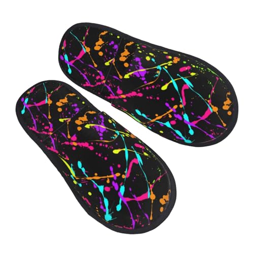 Glow In Dark Splatter Neon Mens Womens Indoor Cotton Slippers Warm House Shoes Breathable Scuff Slippers Soft Furry Slippers
