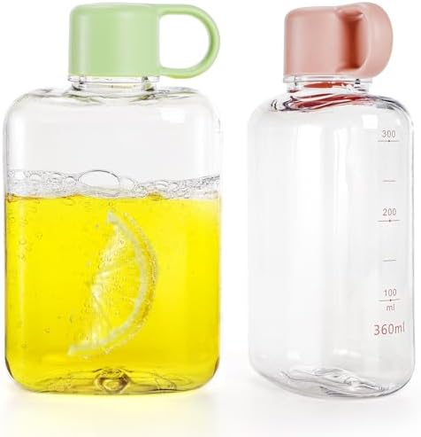 ZEAYEA 2 Pack Portable Flat Water Bottle, 12 oz BPA Free Slim Drinking Bottle, Plastic Travel Flask for Outdoor Sports, Camping, Fitness, Gym, Fits Purse Bag Pocket