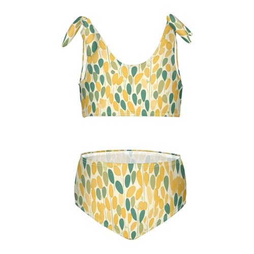 Vintage Grass Green Yellow Pattern Pattern Girl Two Piecing Kids Bikini Set Scoop Neck Bathing Suit Swimming Suits Cute