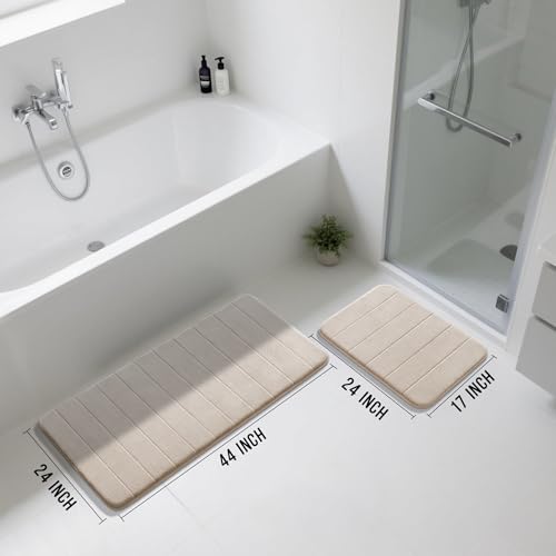 Image of Yimobra Large Bath Mat Set 2 Piece- Super Soft Absorbent Quick Dry Memory Foam Bathroom Rugs, Machine Washable Non Slip Floor Carpet for Tub Shower & Double Vanity (17x24 & 44x24, Beige)