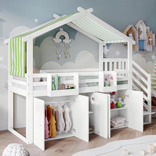 SACOOL Litera, 90 x 200 cm, cuna, con barrera anticaídas, 1 armario y 2 taquillas, con 3 taquillas en la escalera, tela a rayas, pino+MDF+madera contrachapada, blanco+verde