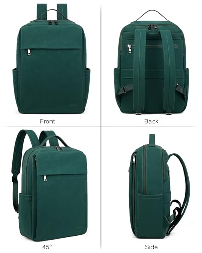 MASINTOR 15.6 inch PU Leather Laptop Backpack Purse for Women, Large College Casual Backpack Travel Bag Retro Green4