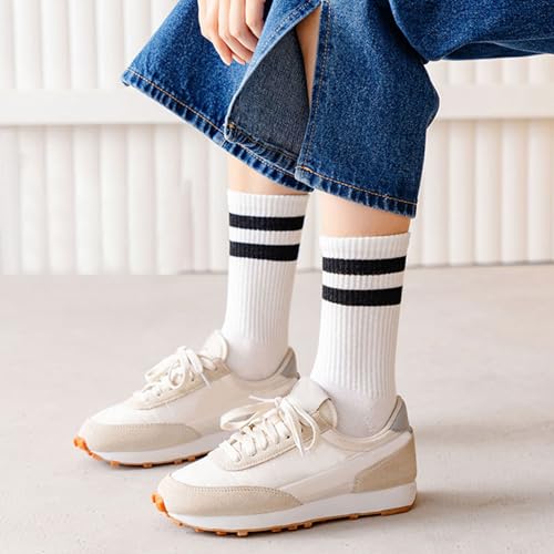 Image of 5 Pairs Womens Striped Crew Socks, Cotton Cozy Casual Socks for Women,Breathable Cool,Size 5-10