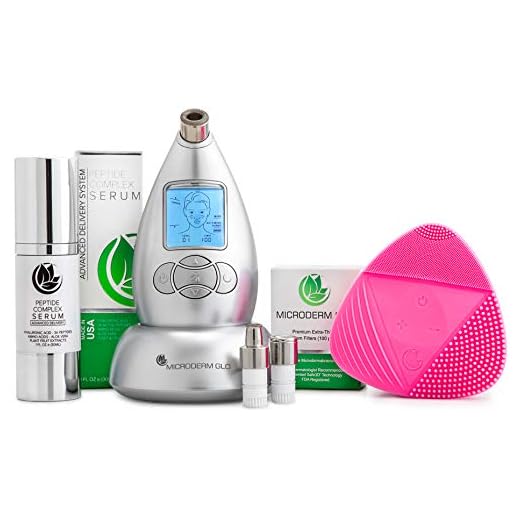 Microderm GLO Complete Skincare Package Includes Diamond Microdermabrasion System, Premium, Fine, Massage Tips, 10mm Filters 100 pack, Peptide Complex Serum & Sonic Facial Cleansing Brush (Silver)