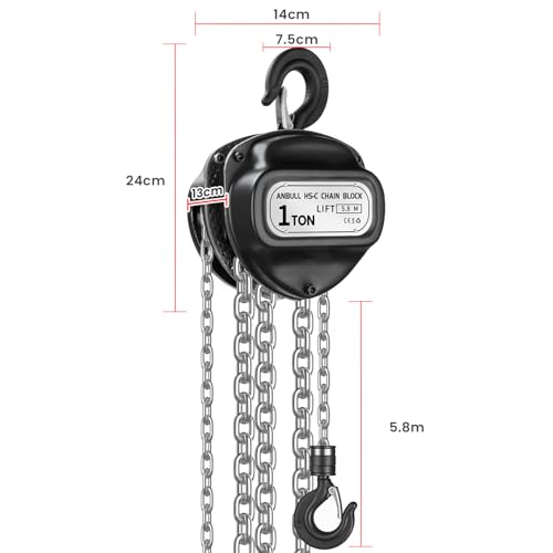 Anbull Flaschenzug, Kettenzug 1000kg, 5,8m Hubhöhe, Vollverzinkte Kette, Keine Ölflecken und rostfrei, Produktgewicht 12,4Kg