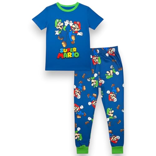 Super Mario Nintendo Little/Big Boys Soft Pajama Set -2 Piece Boys PJ Set- Short Sleeve Shirt & Pants - Official License Blue 6