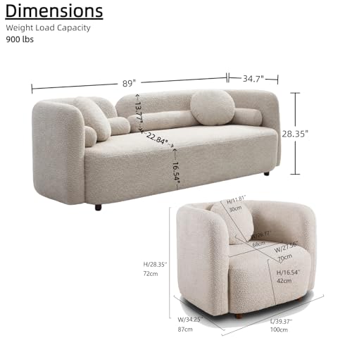 Image of Curved Sofa Set for Living Room Upholstered Boucle Fabric 3-Seater Rectangular Sofas Couches + Oversized Chair with Throw Pillows Modern Sofa Set of 2 Piece Couch Set Bedroom Office Apartment Beige