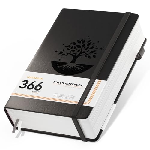 NORDUN Cuaderno a rayas A5 grueso, 366 páginas para escribir, papel de 100 g/m², diario de cuero para oficina, escuela, trabajo, mujeres y hombres, pestañas adhesivas, 14,5 x 21 cm, color negro