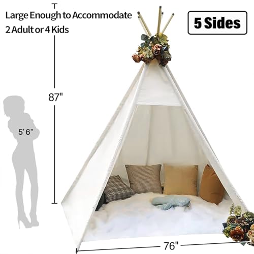 Teepee for Kids, Huge Teepee, Large Tall, Adult Teepee Tent with Foldable Poles,5 Sides Wide Open Front Without Door Flaps, Beach Tent (Large White) - Thumbnail 2