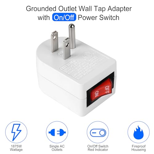 VSEER Grounded Outlet with ON Off Switch (2 Pack), 15A 1875W/3 Prong Plug Switch in White, ETL Listed - Thumbnail 2