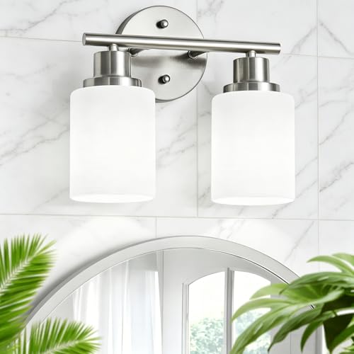 Image of 2-Light Vanity Lights, Brushed Nickel Bathroom Light Fixture with Striped Textured Milky White Glass Shade, E26 Modern Vanity Lighting Fixture for Bathroom Wall Sconce Light Over Mirror