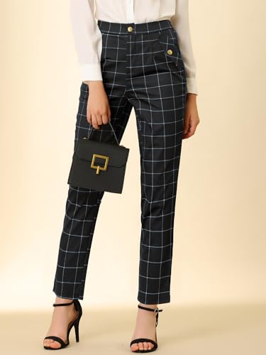Allegra K Women's Vintage Tartan Plaid Pants Elastic Waist Straight Long Trousers3