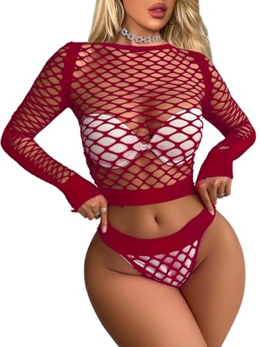 Buitifo Damen Dessous-Sets Sexy Lingerie Fischnetz Sexy Bodys Nachtwäsche(dunkelrot WG,Einheitsgröße)