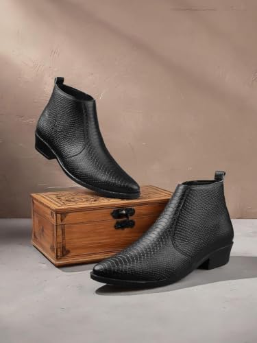 Image of ERIX Men's Chelsea Boot in Black Synthetic Leather with Zip Closure and Almond Toe