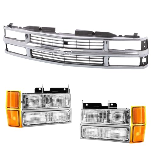 JKYH TECHPLUS Front Chrome Grille & Headlight Assembly with Bumper Lamps Compatible with 19941998 Chevrolet Silverado C/K 1500 2500 3500 Pickup Blazer & Tahoe SUV Replace GM1200238 15981106