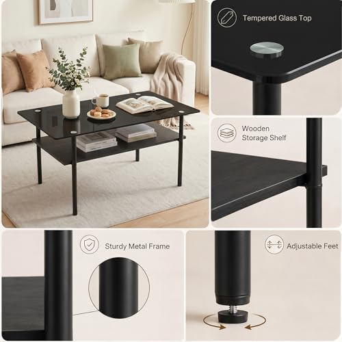 Image of Black Glass Coffee Table Set of 3, Small Coffee Table & 2pcs Square End Table w /Reinforced Frame & Tempered Glass Surface,3 Piece Living Room Table Set for Apartment,Small Space