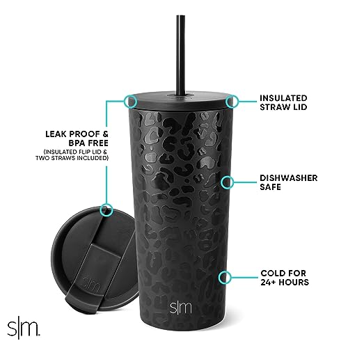 Image of Simple Modern Insulated Tumbler with Lid and Straw | Iced Coffee Cup Reusable Stainless Steel Water Bottle Travel Mug | Gifts for Women Men Her Him | Classic Collection | 20oz | Black Leopard