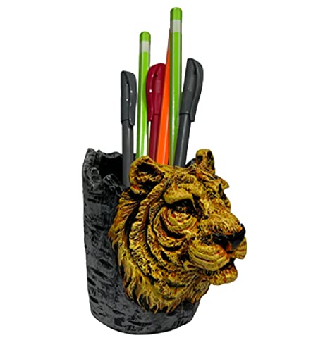 Image of AUGEN Pen Stand Decorative Hand Painted Tiger Design Stationery Holder | Gift Item | Table Top Decor (1037)