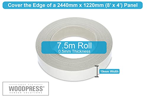 Image of WoodPress 3 /4 inch Matt White Melamine Edge Banding, Pre-Glued Veneer Tape - 25 ft Roll - Iron-On for Easy DIY Application - Will Cover The Edge of a Standard 8' x 4' MDF Panel