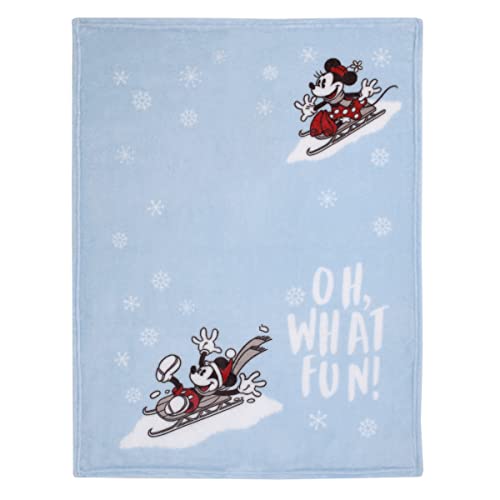 Image of Disney Mickey and Minnie Mouse Blue, White and Red Winter Holiday Oh, What Fun! Snowflakes Photo Op Super Soft Baby Blanket