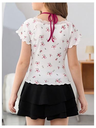 OYOANGLE Girl's Cute Ditsy Floral Short Sleeve Ribbed Knit T Shirt Tie Back Halter Ruched Tee Top3
