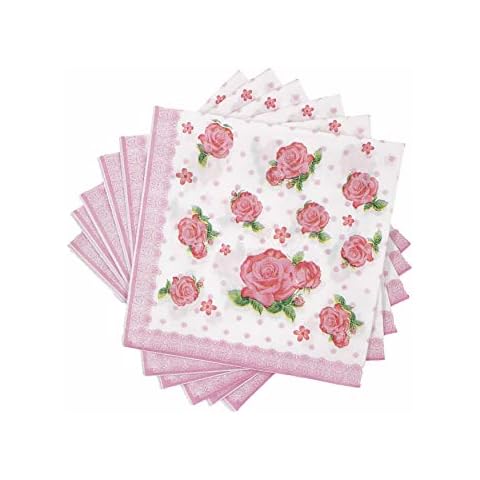 WallyE Mint Floral Pink Printed Napkins Red Rose Chintz Decoupage Paper for Bridal Shower Tea Party Birthday or Wedding, 100 Pack Cover