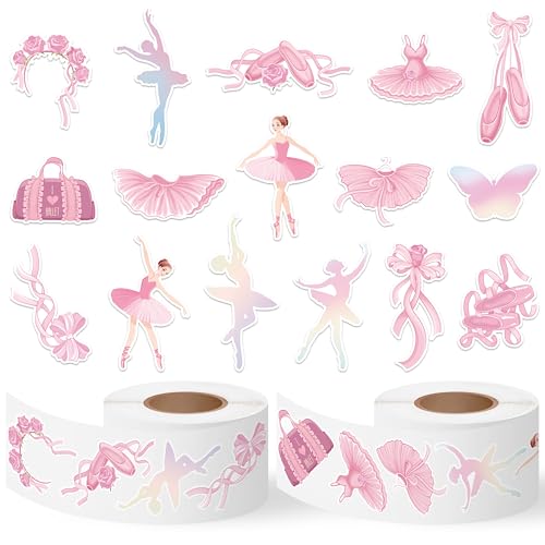 BkeeCten Pink Ballet Sticker Rolls - 1000pcs Ballet Shoes Ribbon Waterproof Vinyl Reusable Laptop Stickers Coloring Book Scrapbook Water Bottle Page Activity Pad Birthday Party Favors Kids Skateboard