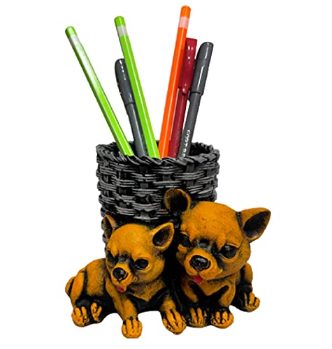 Image of AUGEN Pen Stand Decorative Hand Painted Two Puppy, Dog Design Stationery Holder | Gift Item | Table Top Decor (1051)