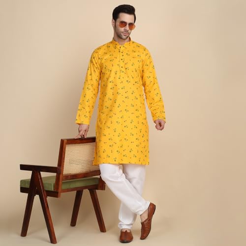 Image of KRAFT INDIA Men's Cotton Blend Geometric Printed Straight Long Regular Kurta and Elastic Waistband Pyjama Set