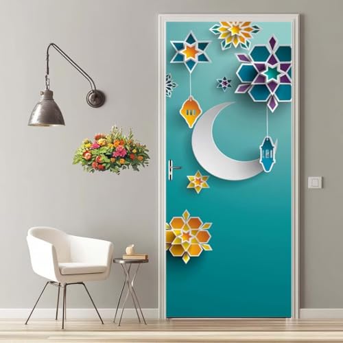 Vinilos Puertas 3D Luna Flor Pegatinas Decorativas de Puerta Pegatina Pared Murales Adhesivo para Puerta para Interiores Sala de Estar Dormitorio Bano Oficina Decoración del Hogar 77X200 cm -MT2308