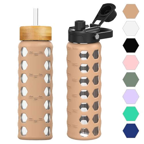 HYDRAGLAZIC 700ML Glass Water Bottle with 2 Flip and Bamboo Straw Lids Sports Water Tumbler with Time Reminder and Silicone Sleeve Leak-proof BPA Free, Amber