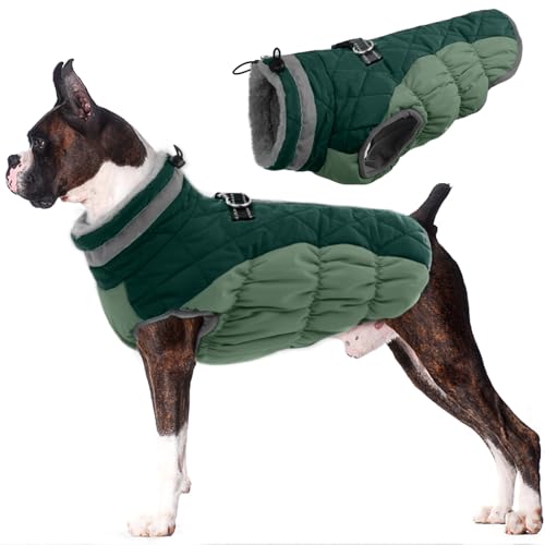 Image of Lelepet Dog Coat for Large Dogs Waterproof Dog Jacket with Harness Built in | Reflective Warm Winter Coats Cold Weather Coats Windproof Zip-Up Pet Fleece Vest Turtleneck Snowsuit Boxer Teal Green XL