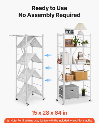 Image of VEVOR 5-Tier Foldable Storage Shelf, 28 W x 15D x 64H Inch Folding Metal Rack Shelving Unit, No Assembly Organizer Shelf with 5 Wheels & 4 Hooks for Pantry, Kitchen, Garage, Basement, White