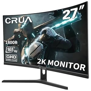 CRUA Gaming-Monitor 27 Zoll 2K 165Hz|144HZ Curved, QHD 1440P 1800R PC-Monitor, 1 ms GTG mit FreeSync, geringe Bewegungsunschärfe, Augenschutz, VESA, DisplayPort, HDMI, Low Blue Light,Schwarz