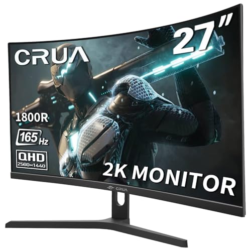 CRUA Gaming-Monitor 27 Zoll 2K 165Hz|144HZ Curved, QHD 1440P 1800R PC-Monitor, 1 ms GTG mit FreeSync, geringe Bewegungsunschärfe, Augenschutz, VESA, DisplayPort, HDMI, Low Blue Light,Schwarz