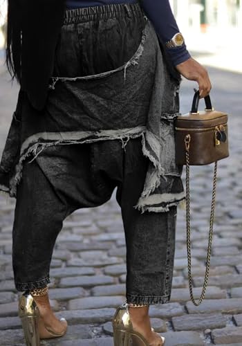 Women's Denim Harem Pants Elastic High Waisted Ripped Drop Crotch Jeans Baggy Stretchy Distressed Wide Leg Jeans4