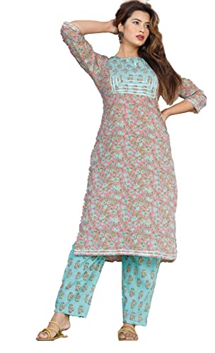 INDACORIFY Beautiful Cotton Printed Kurti Pant Suit for Girls & Women Festive Party Office Wear Salwar Kameez (Large(40), Bluish) Cover