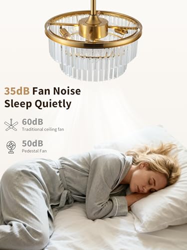 Image of 20 inch Brass Crystal Fandelier Ceiling Fans with Lights, Caged Brass Crystal Chandelier Ceiling Fan with Light Remote Control with 6 Speeds for Bedroom, Nursery, Living Room