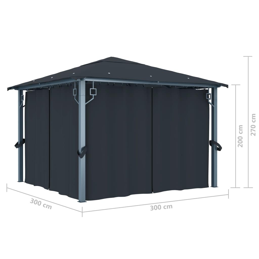 Pawilon 3 x 3 m, antracyt z aluminiową ramą, wodoszczelny namiot ogrodowy z zasłonami, łańcuch świetlny LED, części boczne, ochrona przed promieniowaniem UV, ochrona przed deszczem, idealny