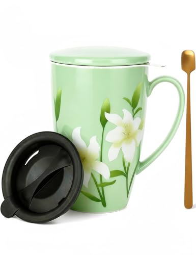 SISETOP 17 OZ Large Tea Infuser Mug with Spoon, Ceramic Loose Leaf Tea Cup with Infuser and Lid for Home, Office, Housewarming, Christmas Gift, Grass Green