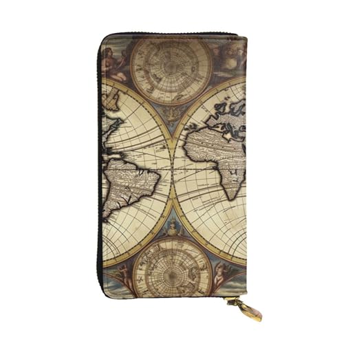 Portefeuille en cuir fermeture éclair grand porte-carte monde antique