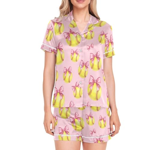 Image of Womens Silk Satin Pajamas Set Western Theme Womens Short Sleeve Shorts Set 2 Piece Sleepwear Lounge Set S-XXL