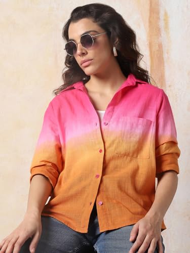 Image of HIGH Star Oversized Ombre-Dyed Cotton Shirt for Women | Stylish Tops for Women | Comfortable and Trendy Casual Shirt
