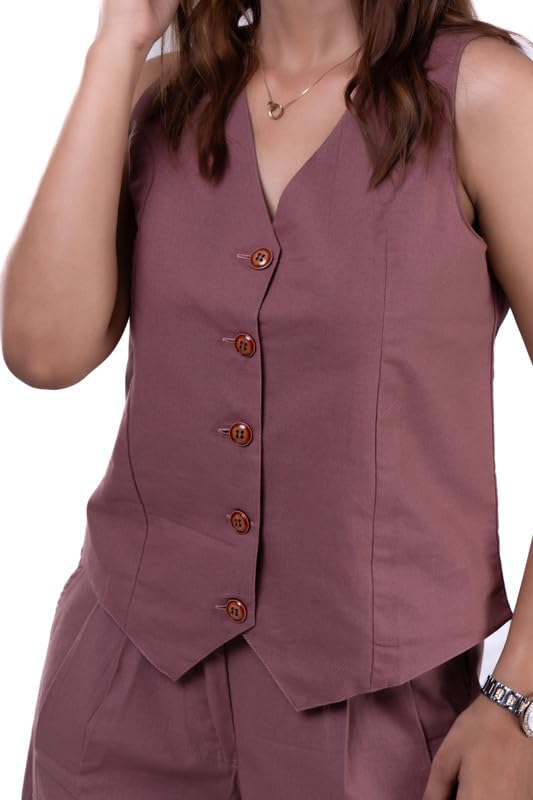 SHABA Women's Cotton Waist Coat | Sleeveless Button Closure | Executive Wear | V Neck Formal Blazer Waistcoat | Regular Fit Crop Top for Women - Western Summer & Office Wear