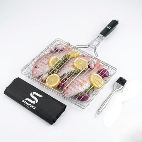 BBQ Grill Basket for Outdoor Cooking Stainless Steel Fish Basket with Detachable Heat Resistant Handle Lockable Design for Vegetables Shrimp Meat Camping Cooking Rack Grilling Accessories