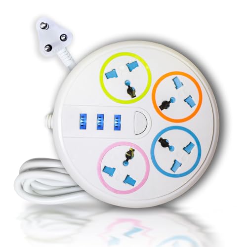 Image of SBF Round 4 Socket Extension Board with 2 USB Ports, Power Switch and 2M Cord | Multi Plug Power Strip for Home, Office, Mobile Charging, Laptop, TV (White(4P 2USB 1C))