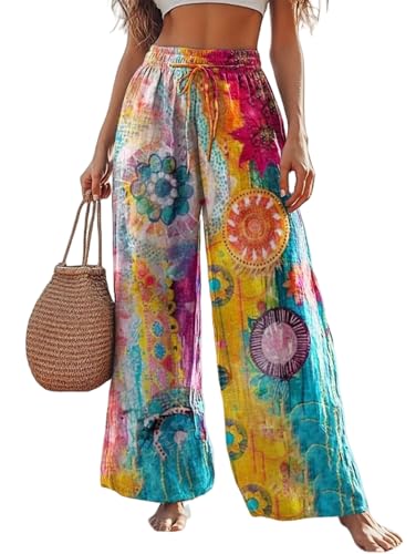 Boho Floral Wide Leg Pants for Women Cotton Linen Casual Loose Pants Summer Beach Flowers Print Flowy Long Pants