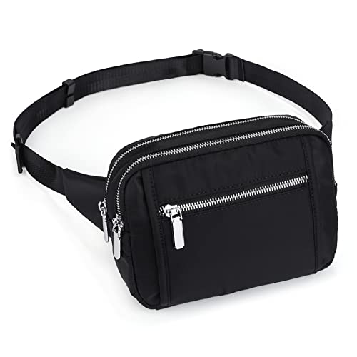 UTO Bauchtasche Damen Herren Fanny Pack Gürtel Wasserdicht Nylon Mode Leicht Tasche Flache Taille Chic mit 3 Reißverschlusstaschen, Nylon, 1 Schwarz, one size