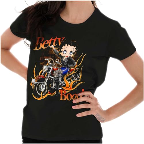 Biker Betty Boop Flaming Motorcycle Womens Slim Fit Graphic Tee